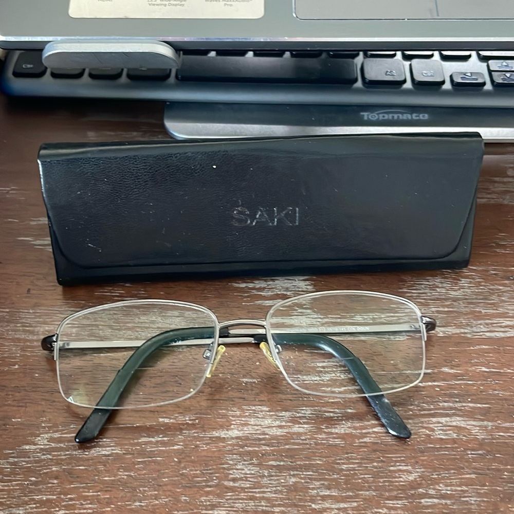 Saki MOD312 Col DGun silver rectangular half rim eyeglasses with black case